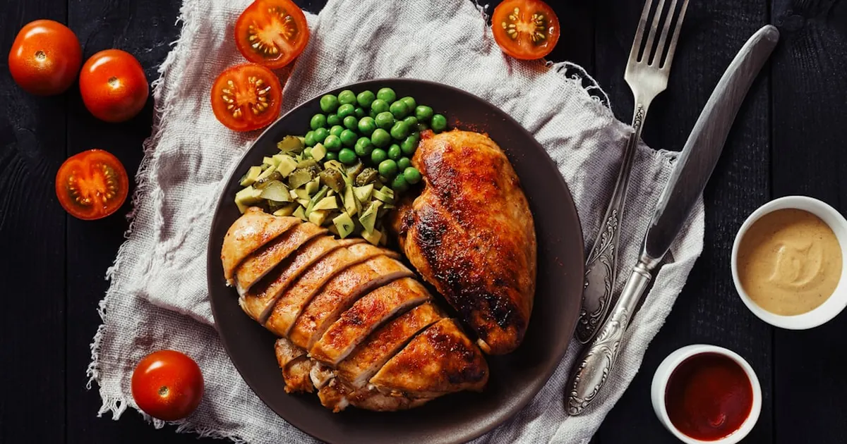 Protein- och fettrik tallrik med ägg, kött och grönsaker